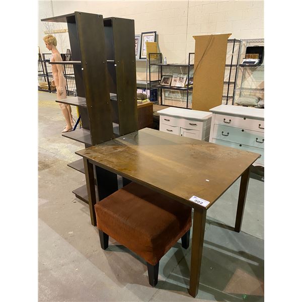 TABLE 48 X 36", 2 BOOK SHELVES 71 X 20" & OTTOMAN