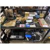 Image 1 : 2 SHELVE OF ASSORTED STORAGE LOCKER GOODS: PRINTER, MERIDIAN GPS, STICKERS, CABLES, & MORE