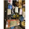 Image 3 : 2 SHELVE OF ASSORTED STORAGE LOCKER GOODS: PRINTER, MERIDIAN GPS, STICKERS, CABLES, & MORE
