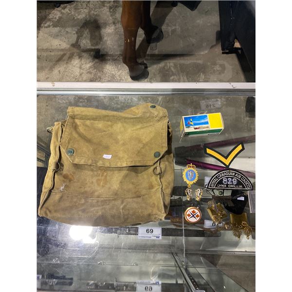 MILITARY POUCH, ASSORTED PATCHES AND PINS