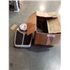 Image 1 : Box of aluminum serving trays and healthometer scale