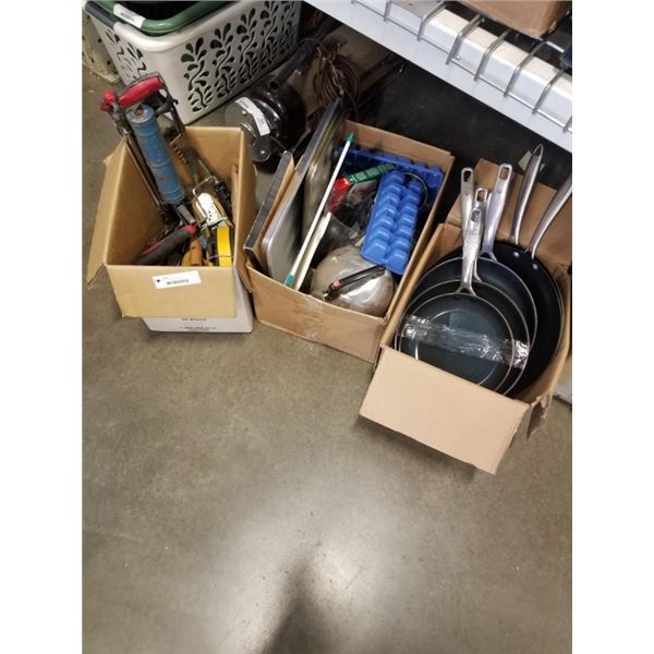 3 boxes of pots, pans and tools