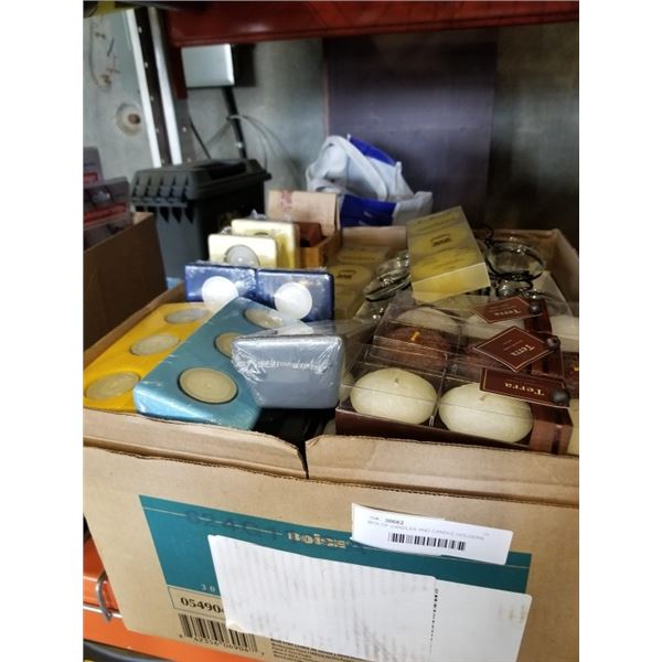 BOX OF CANDLES AND CANDLE HOLDERS