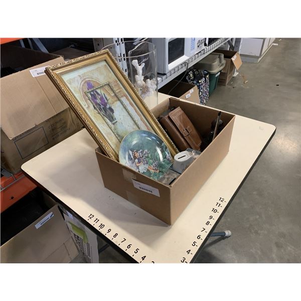 TRAY OF PRINTS, CORAL IN GLASS VASE, DECORATIONS