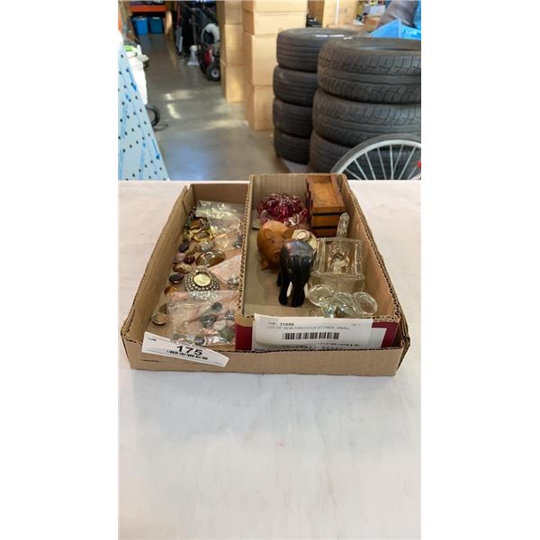 LOT OF SEMI PRECIOUS STONES, SMALL FIGURES, SHELL JAR, ART GLASS
