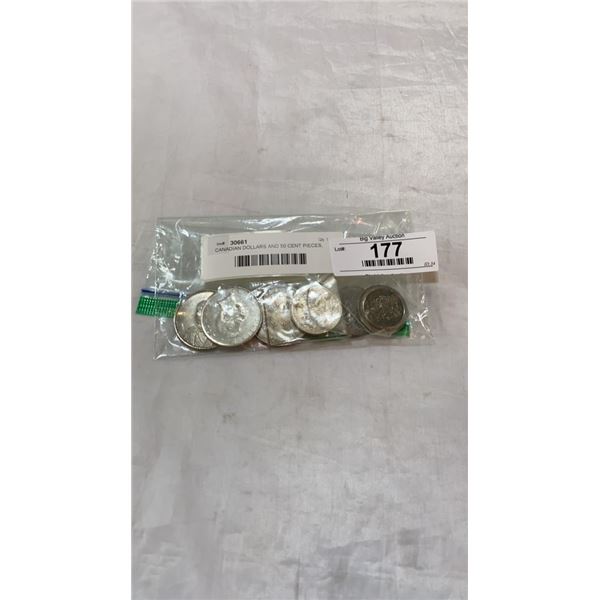 CANADIAN DOLLARS AND 50 CENT PIECES, AMERICAN HALF DOLLAR AND WORLD COINS