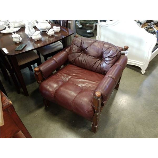 VINTAGE WOOD FRAMED TUFTED LEATHER CHAIR