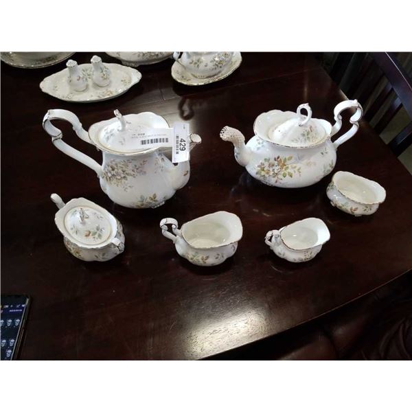 ROYAL ALBERT MADE IN ENGLAND HAWORTH TEA POT W/ CREAM AND SUGAR, AND COFFEE POT W/ CREAM AND SUGAR
