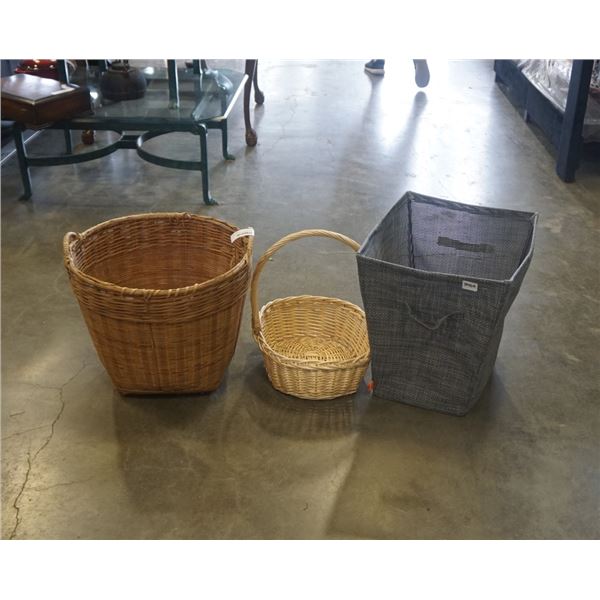 LAUNDRY HAMPER AND 2 WICKER BASKETS