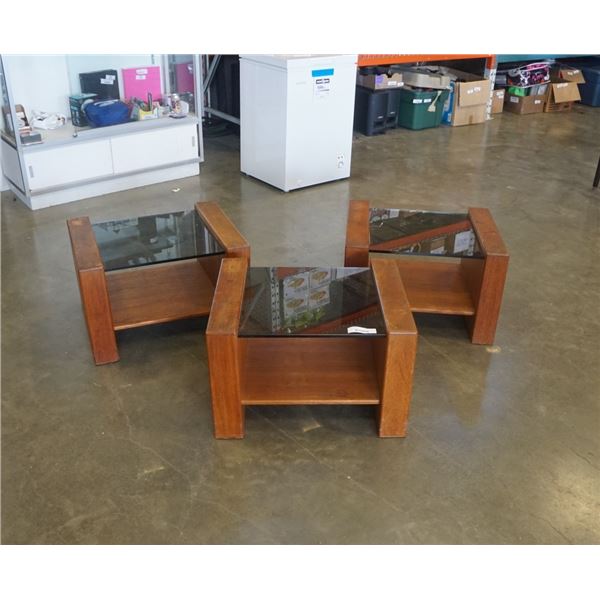 3 PIECE MCM GLASS AND WOOD ENDTABLES