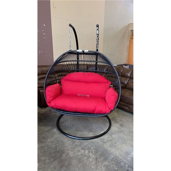 BRAND NEW RED DOUBLE HANGING EGG CHAIR - RETAIL $1969 W/ FOLDABLE FRAME, POWDER COATED STEEL FRAME, 