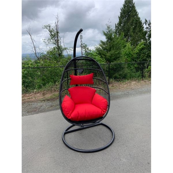 BRAND NEW RED SINGLE HANGING EGG CHAIR - RETAIL $949 W/ NECK PILLOW, FOLDABLE FRAME, POWDER COATED S