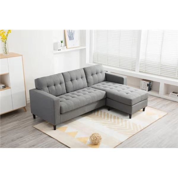 BRAND NEW GREY TUFTED REVERSIBLE SECTIONAL SOFA - RETAIL $899 COTTON LINEN FABRIC 5' X 7'