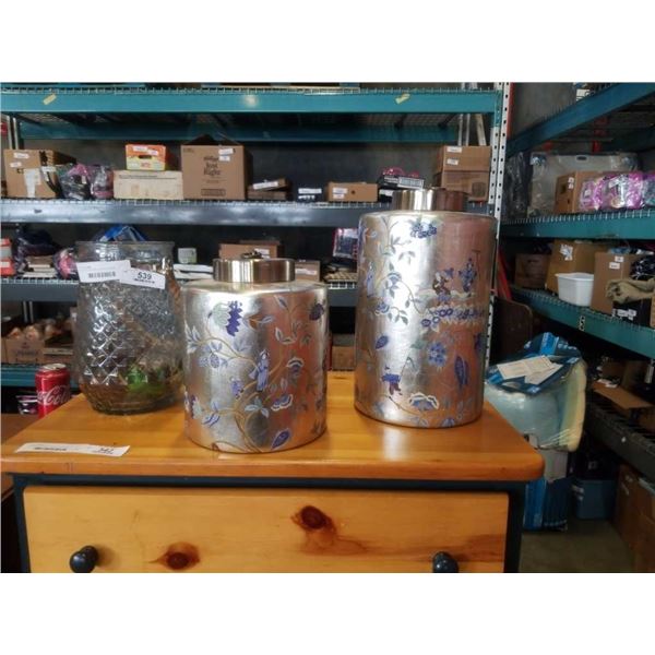 2 SILVER EASTERN CANNISTERS AND GLASS VASE