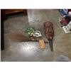 Image 1 : Sunburst wall hanging and carved mask with duster and wind chime