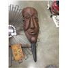 Image 3 : Sunburst wall hanging and carved mask with duster and wind chime