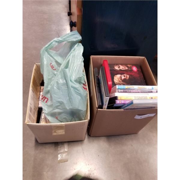 2 BOXES OF DVDS AND CDS