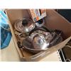 Image 3 : BOX OF POTS, KETTLE, MIXING BOWL, ELECTRIC HAND MIXER