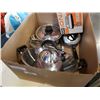 Image 5 : BOX OF POTS, KETTLE, MIXING BOWL, ELECTRIC HAND MIXER
