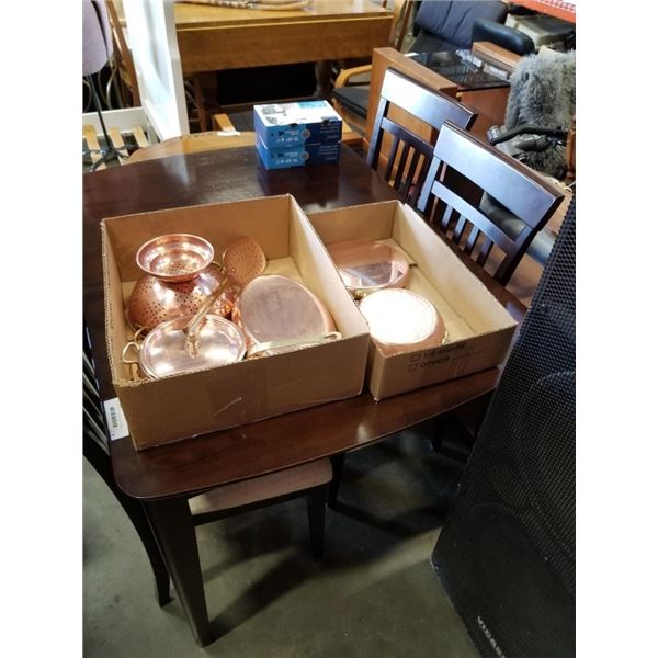 2 Boxes of french copper pot ,pans strainer, spatula and more