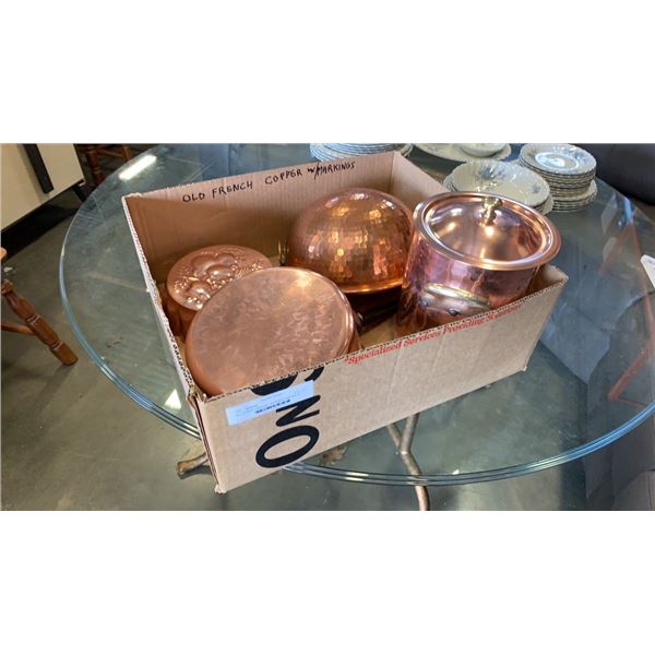 Box of french copper pot , ice bucket, bowl and more