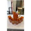 Image 1 : ANTIQUE ORANGE CARNIVAL GLASS PITCHER AND GLASS SET - WINDMILL SCENE PATTERN