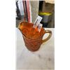 Image 2 : ANTIQUE ORANGE CARNIVAL GLASS PITCHER AND GLASS SET - WINDMILL SCENE PATTERN