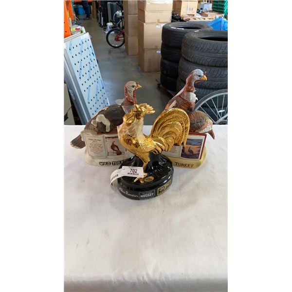 2 WILD TURKEY DECANTERS CA 1980-81 AND GOLDEN ROOSTER DECANTER CA 1969