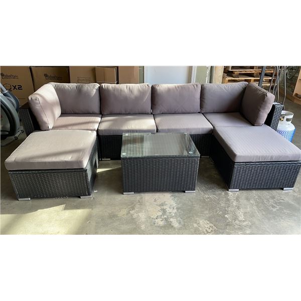 FLOOR MODEL RATTAN OUTDOOR 6 PIECE MODULAR SECTIONAL SOFA W/ WICKER COFFEE TABLE AND DARK GREY CUSHI