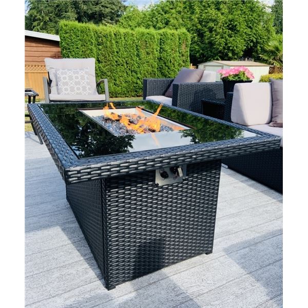 BRAND NEW RATTAN AND GLASS TOP FIRE TABLE RETAIL $1269, POWDER COATED ALUMINUM FRAME, 55,000 BTU, CS