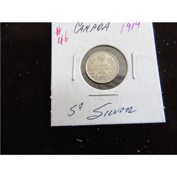 1919 CANADA KING GEORGE V SILVER FIVE CENT COIN