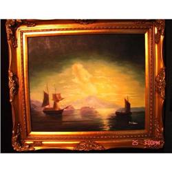 OIL ON CANVAS OF SHIPS IN WATER AT DUSK #1614245