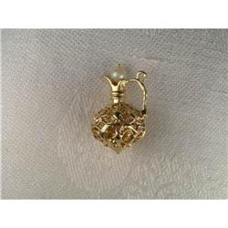 Estate 14K YG Gold Pearl Filigree Pitcher Charm#1627048