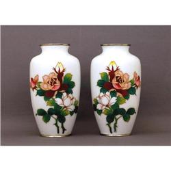 2 Old Japanese White Cloisonne Vase Rose  #1627090