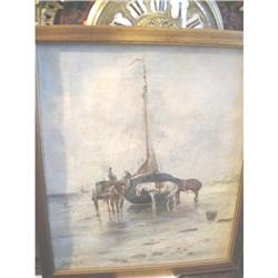 Antique Dutch Boat and Horses Painting #1627158