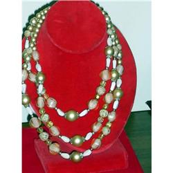 VintageTripple Gold Glass Bead Necklace vintage#1637285
