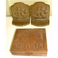 Bronze Ship Nautical Bookends Carved Cigar Box #1637362
