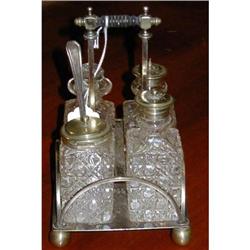 Lovely 4 pc. Glass Cruet Set in Silver Holder #1637406