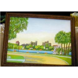 Fifties Art Deco Style Oil Painting of Park #1637423