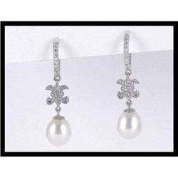 14K White Gold Pearl Diamond Earrings #1645832