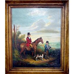 19c ORIGINAL OIL PAINTING OF HUNT SCENE HUNTERS#1645959