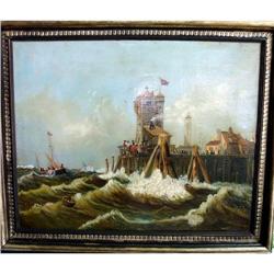 SEA & LIGHTHOUSE 19c STUNNING SEASCAPE OIL #1645969