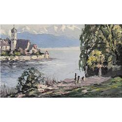 ORIG OIL PAINTING OF BAVARIAN ISLAND CASTLE #1646034