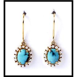 14K Yellow Gold Turquoise Seed Pearl Earrings #1646134