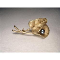 14K Tahitian Black Pearl Calla Lily Brooch #1646272