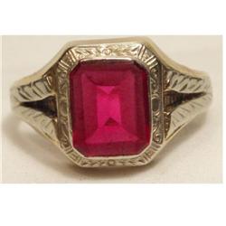 ART DECO 14kt White yellow gold RING PINK STONE#1646348