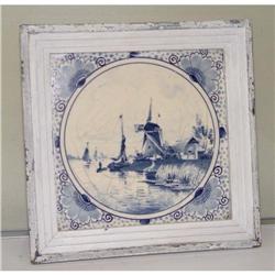 19c Delft Tile Plaque Dutch Coastal Windmill #1646561