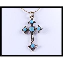9K Yellow Gold Turquoises Cross Pendant #1658489