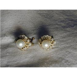 14K YG Diamond Cultured Pearl Filigree Earrings#1658640