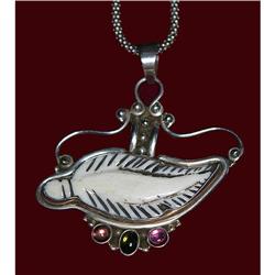 Estate Tribal Silver Feather Tourmaline Pendant#1658719